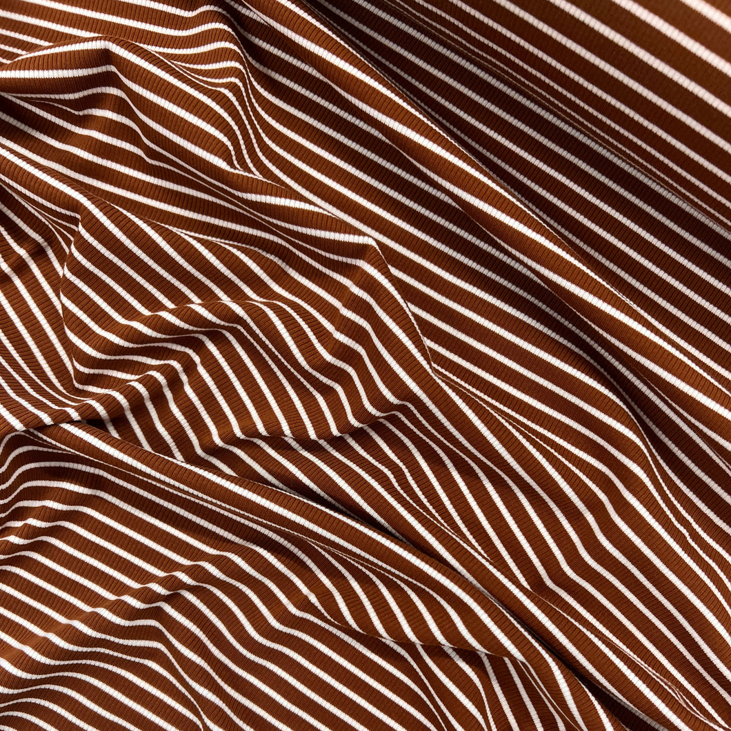 Cotton Spandex Striped Rib - Walnut & White