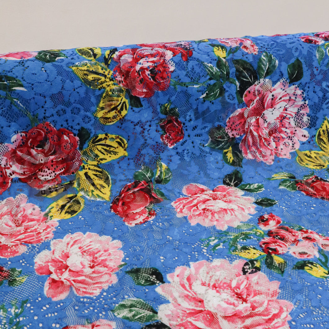 Printed Peony Floral Lace Deadstock - Blue