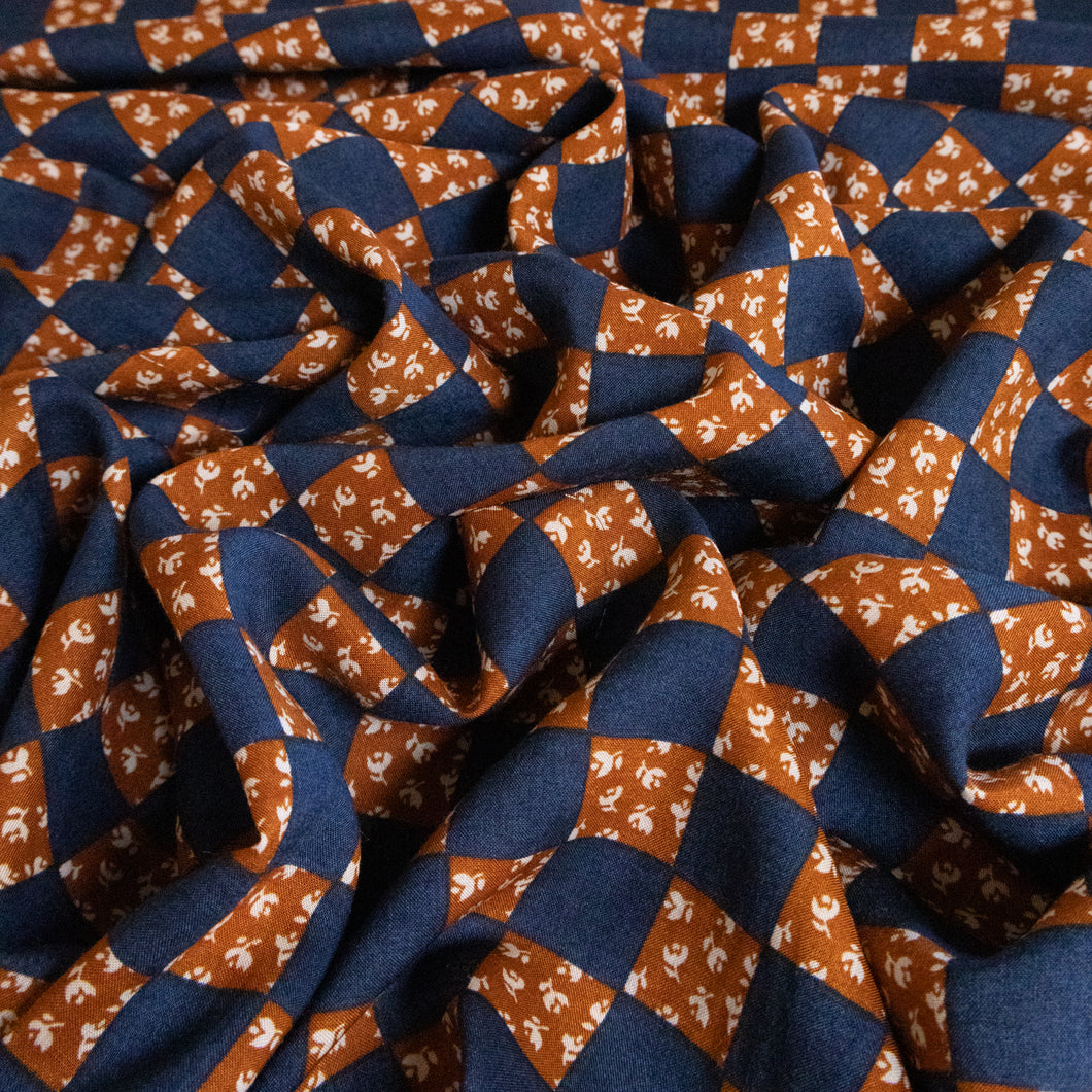 Daisy Check Rayon Print Deadstock - Navy & Tan