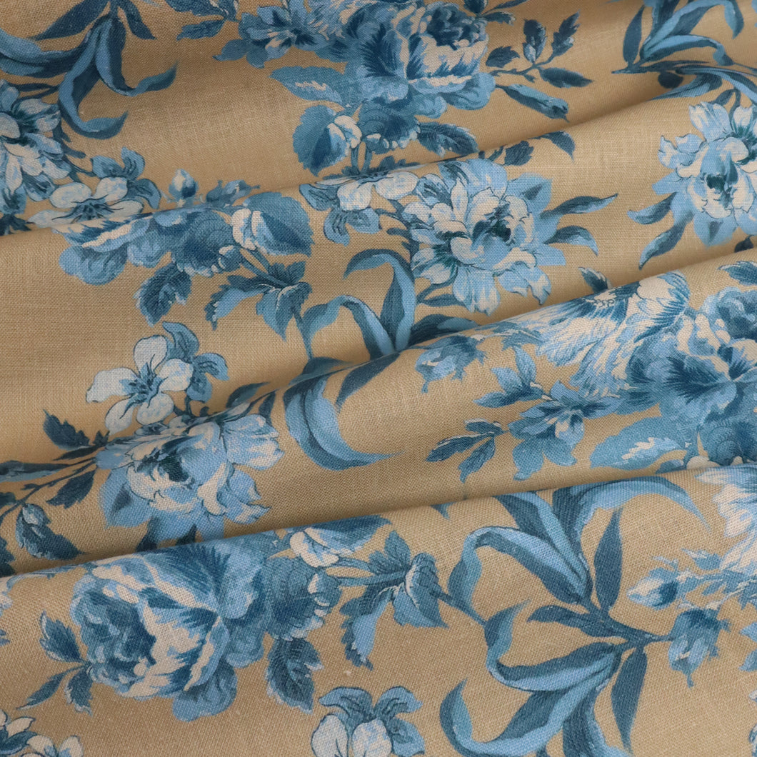 Delancey 100% Linen Print - Blue on Beige Romantic Floral