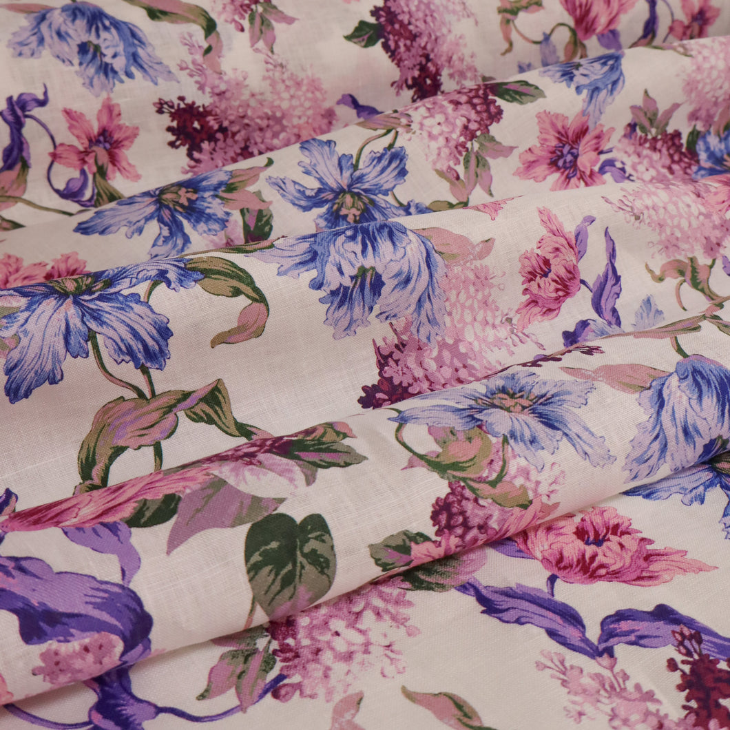 Mulberry 100% Linen Pre-Washed Print - Floral on White Base