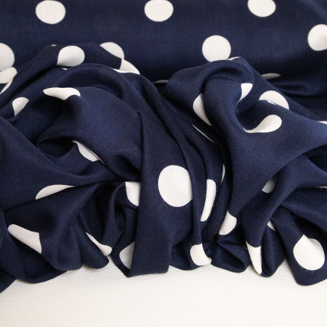 Rayon Polka Dot Print Deadstock - White on Navy