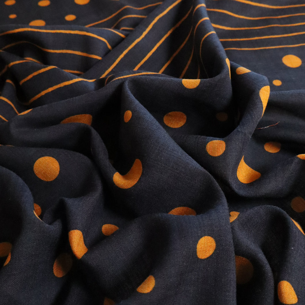 Sweet Caroline Cotton Rayon Print Deadstock - Navy & Burnt Orange